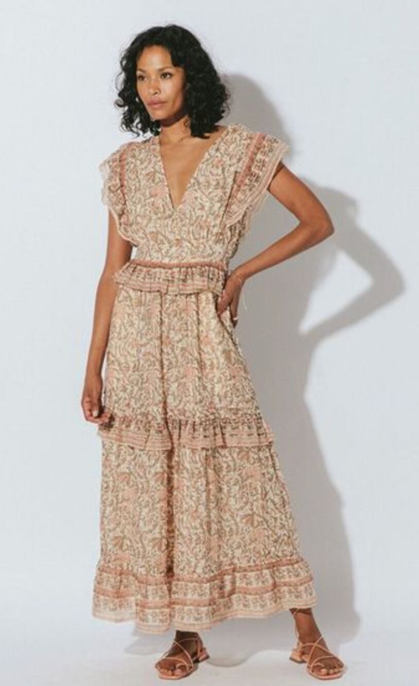 Cleobella Cherie Ankle Pink Brown Tiered Midi Dainty Ruffle dress zinnia Large